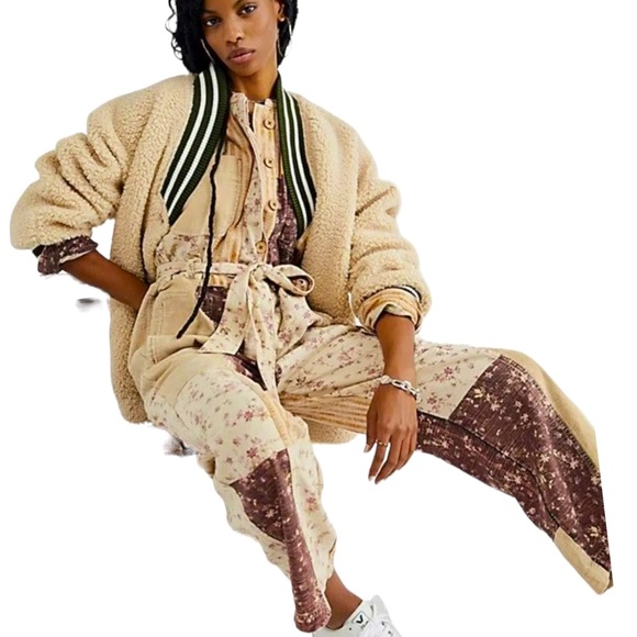 Free People Road Trip Patched M Pink Beige Utility Belted Patchwork Coveralls - Picture 2 of 7